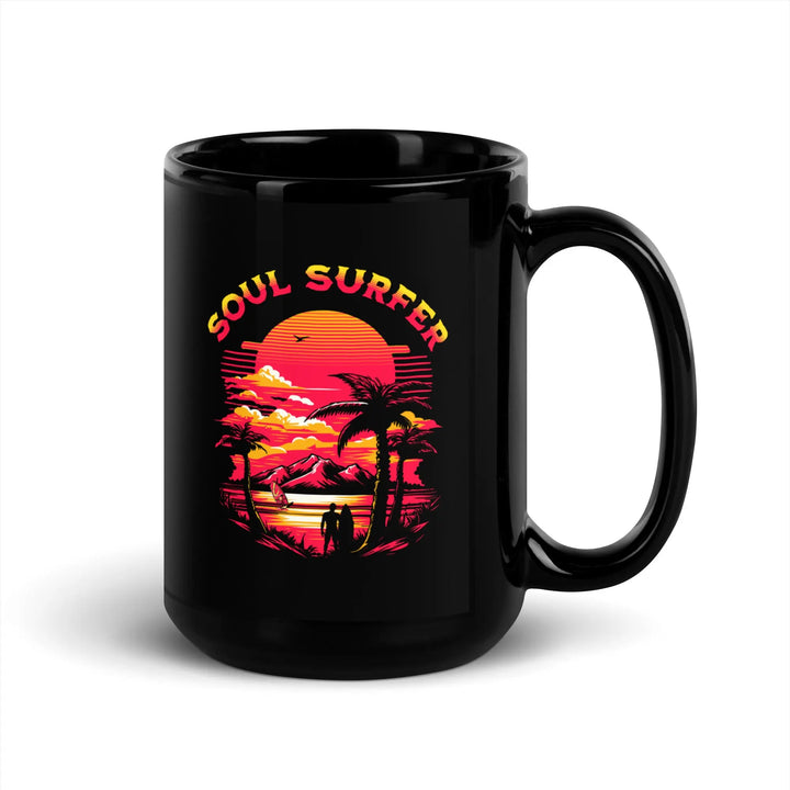 Soul Surfer - Black Glossy Mug with beach sunset design