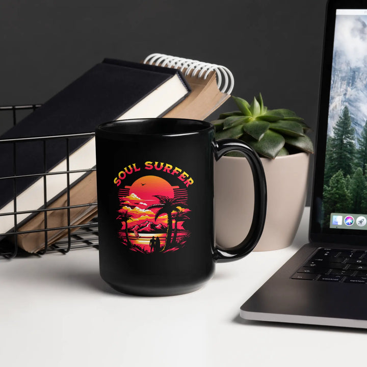 Black glossy Soul Surfer mug with vibrant beach sunset design