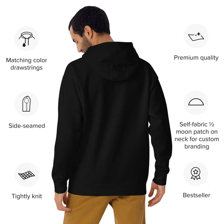 SOUL SURFER unisex black long-sleeved hoodie with convenient pouch pocket and features highlighted