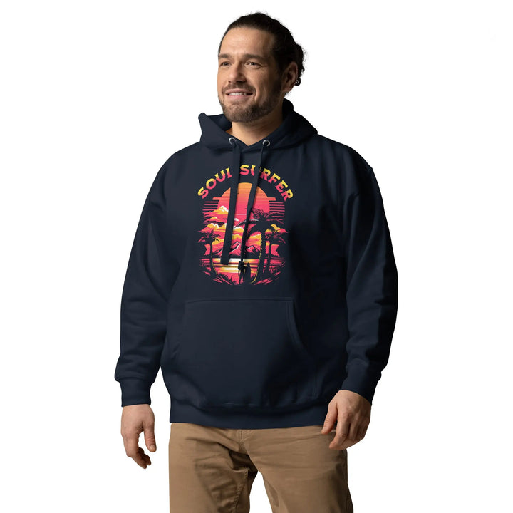 Navy blue Soul Surfer hoodie with tropical beach design and a convenient pouch pocket
