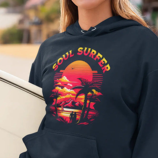 Navy blue hoodie with Soul Surfer beach scene graphic and convenient pouch pocket