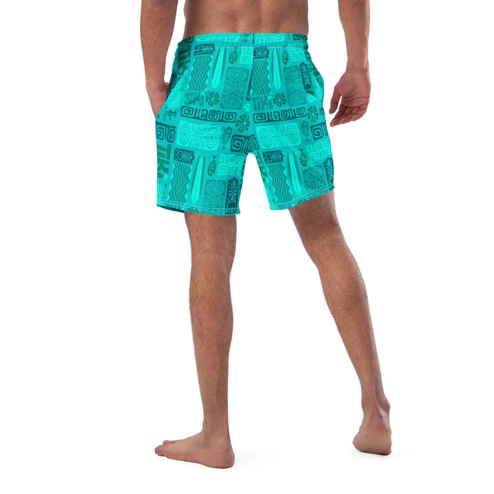 Turquoise TIKI RETRO board shorts with geometric tribal pattern UPF 50+
