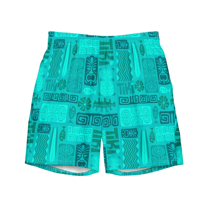 Turquoise board shorts with Polynesian tiki pattern TIKI RETRO Board Shorts UPF 50+