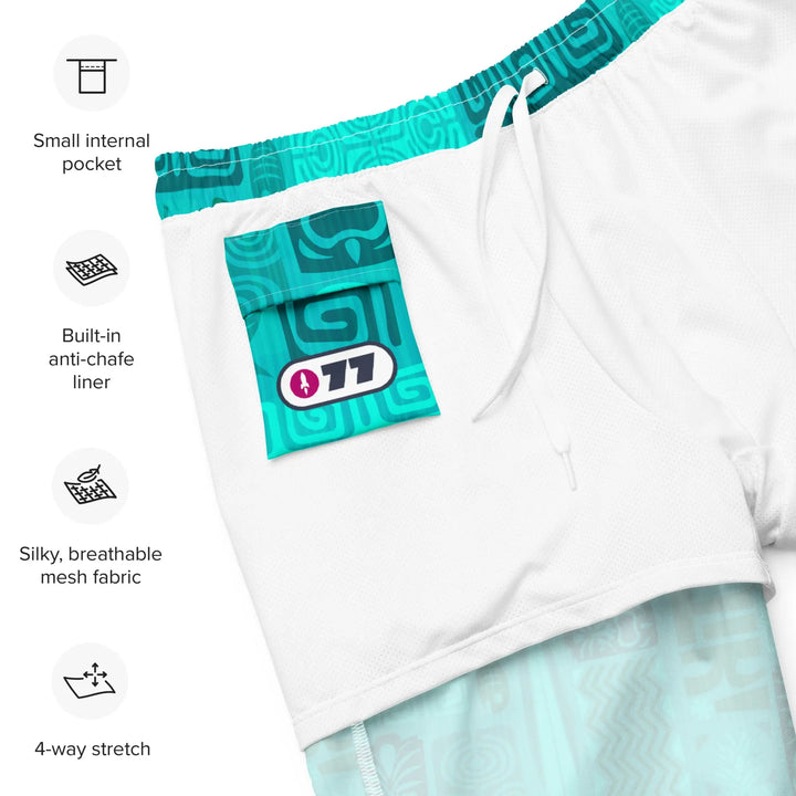 TIKI RETRO board shorts with teal waistband and white body featuring 077 logo pocket
