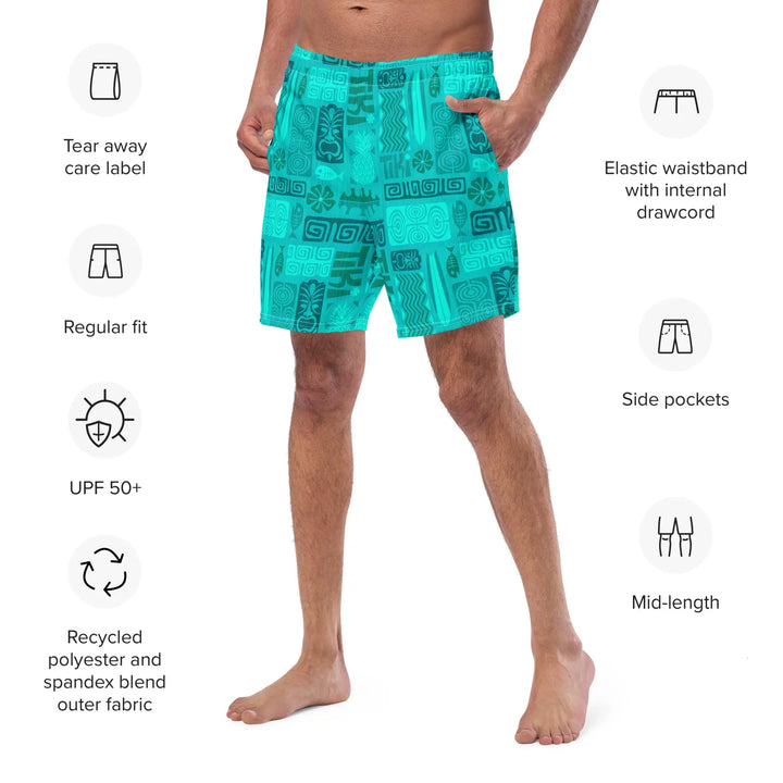 TIKI RETRO turquoise board shorts with tribal patterns UPF 50+ stylish swimwear