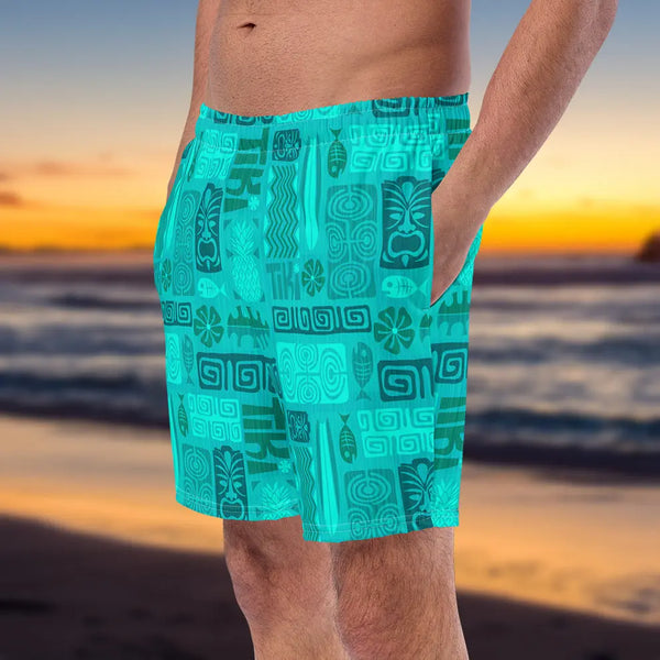 TIKI RETRO turquoise board shorts with Polynesian pattern UPF 50+ for summer style