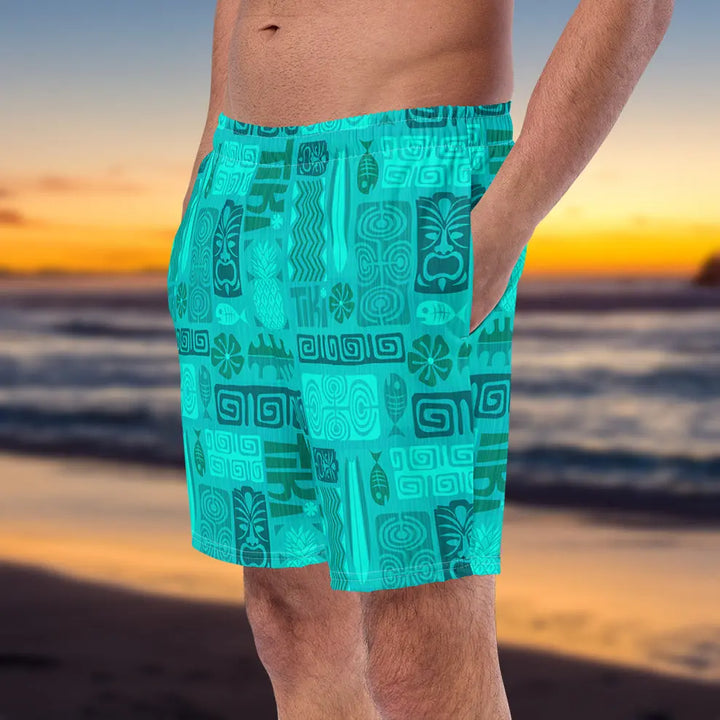 TIKI RETRO turquoise board shorts with Polynesian pattern UPF 50+ for summer style