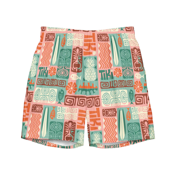 Pair featuring colorful tiki-inspired patterns on TIKI RETRO Board Shorts UPF 50+