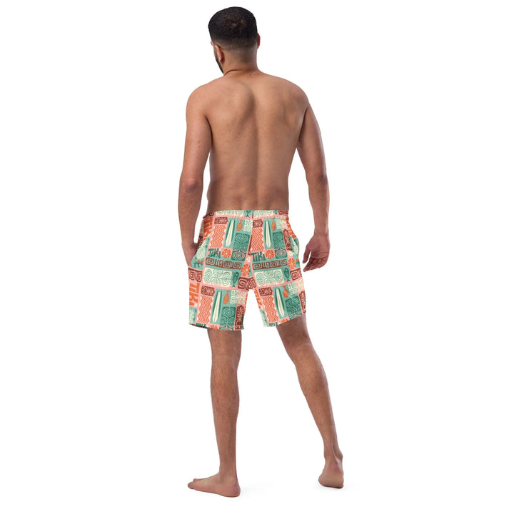 TIKI RETRO board shorts on a shirtless guy, colorful pattern, UV protection UPF 50+