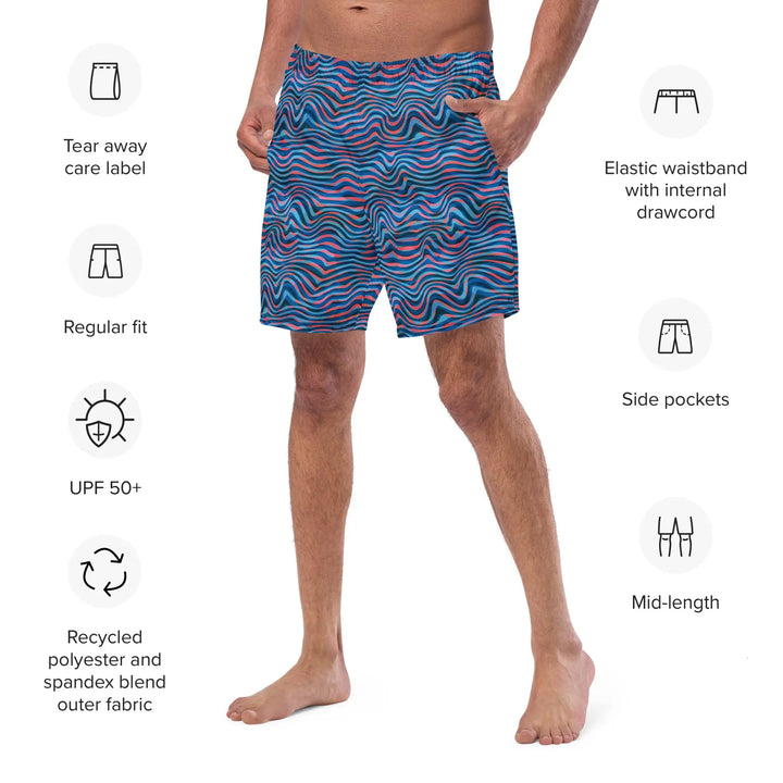 TRIPP WAVES Retro Board Shorts UPF 50+ with blue and pink wavy pattern board shorts
