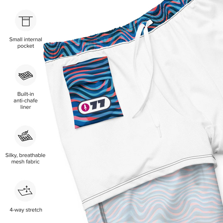 TRIPP WAVES Retro Board Shorts with wavy blue, pink, and white pattern and 077 logo