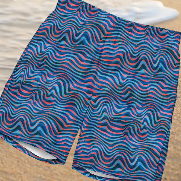 TRIPP WAVES Retro Board Shorts with a wavy blue and red pattern and UPF 50+ protection