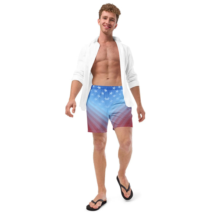 Man rocking USA Faded board shorts, open shirt, showing ripped torso, Retro style UPF 50+