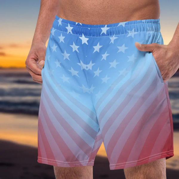 USA Faded board shorts with American flag design, red white blue stars stripes, retro swimwear