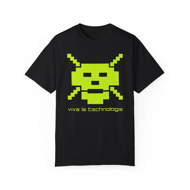 Black garment-dyed T-shirt with neon green robot face, text ’Vive la Technologie’, relaxed fit