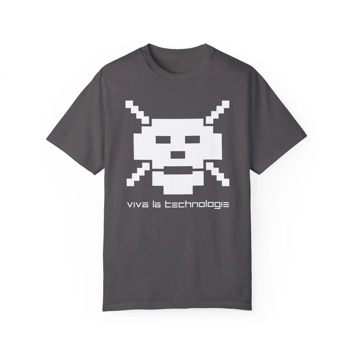 Gray t-shirt with pixelated cat face and ’vive la technologie’ from VIVA LA TECHNOLOGIE collection
