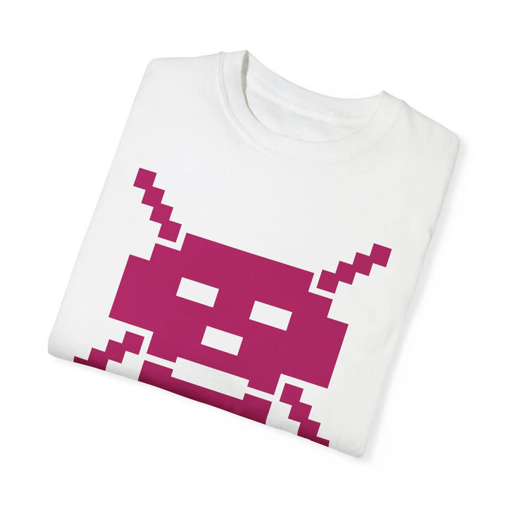 White t-shirt with pink pixelated cat by Viva La Technologie; relaxed fit, garment-dyed fabric