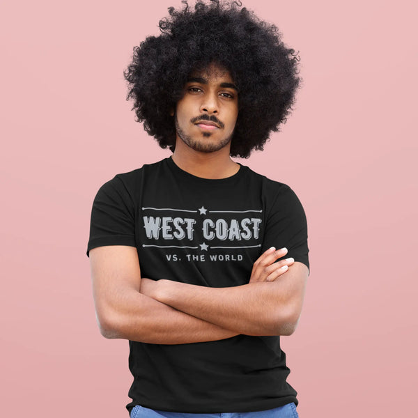 Man with an afro wearing a black WEST COAST VS. THE WORLD t-shirt from premium heavy-duty brand