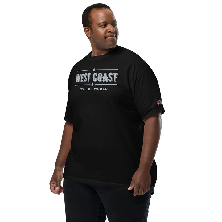 Black T-shirt with ’WEST COAST vs. THE WORLD’, premium heavy-duty brand, unisex design