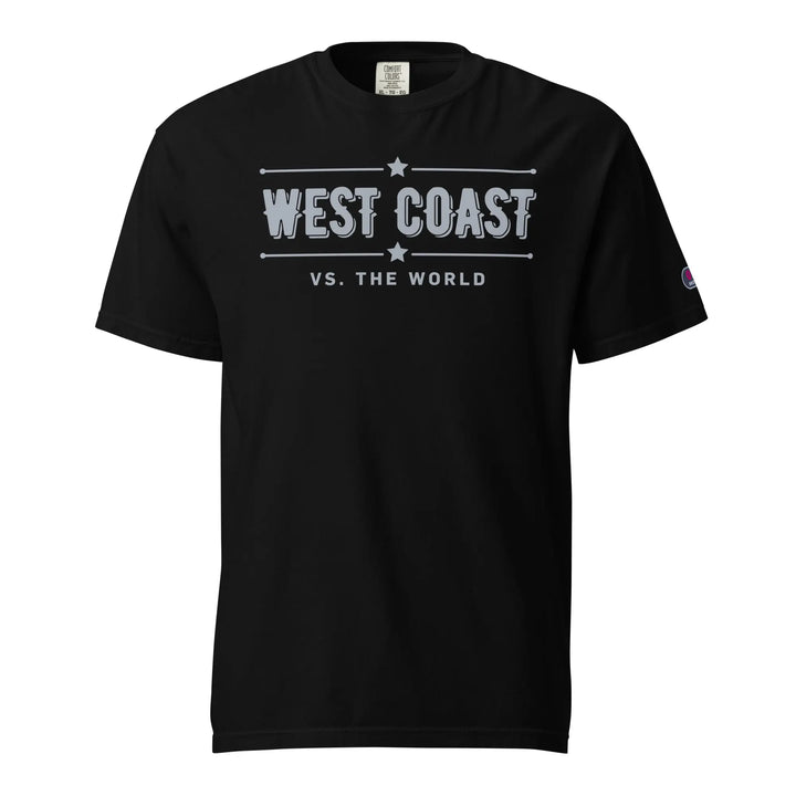 Black unisex t-shirt with ’WEST COAST vs. THE WORLD’ slogan in gray by premium heavy-duty brand